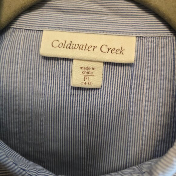 COLDWATER CREEK WOMENS BLUE WHITE LONG SLEEVE BUTTON UP TOP PETITE LARGE RELAXED - Picture 2 of 9